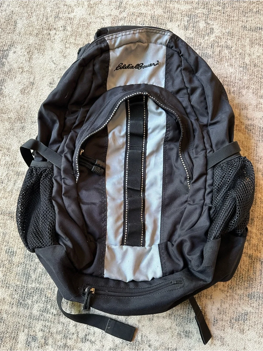 Eddie Bauer Vintage Black Gray Nylon Backpack Hiking Travel‎ School Bag